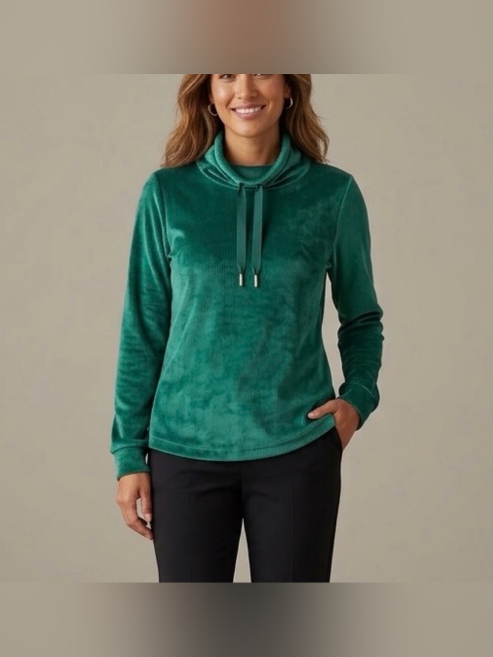 Talbots Women’s Large Petite Green Ribbed Velour Cowl Neck Long Sleeve Pullover